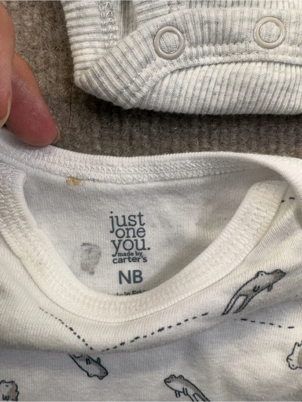Newborn lot White oneis with frogs, blue/gray with clouds and ribbed gray/white.